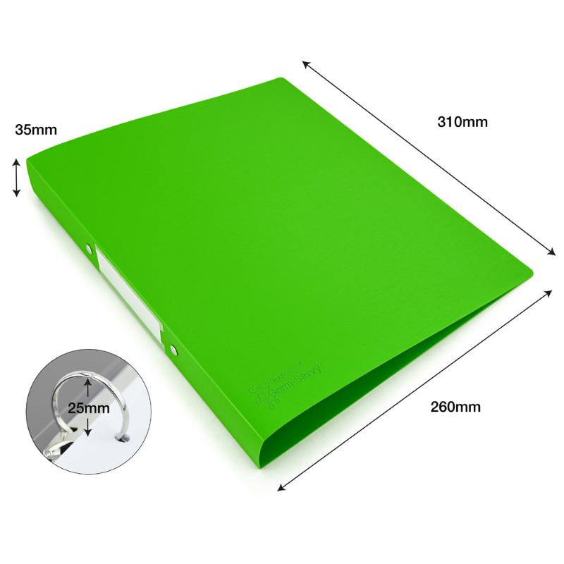 Green Rapesco Germ-Savvy Antibacterial A4 PP Ring Binder with 25mm capacity, features a label holder and kills 99% of bacteria.