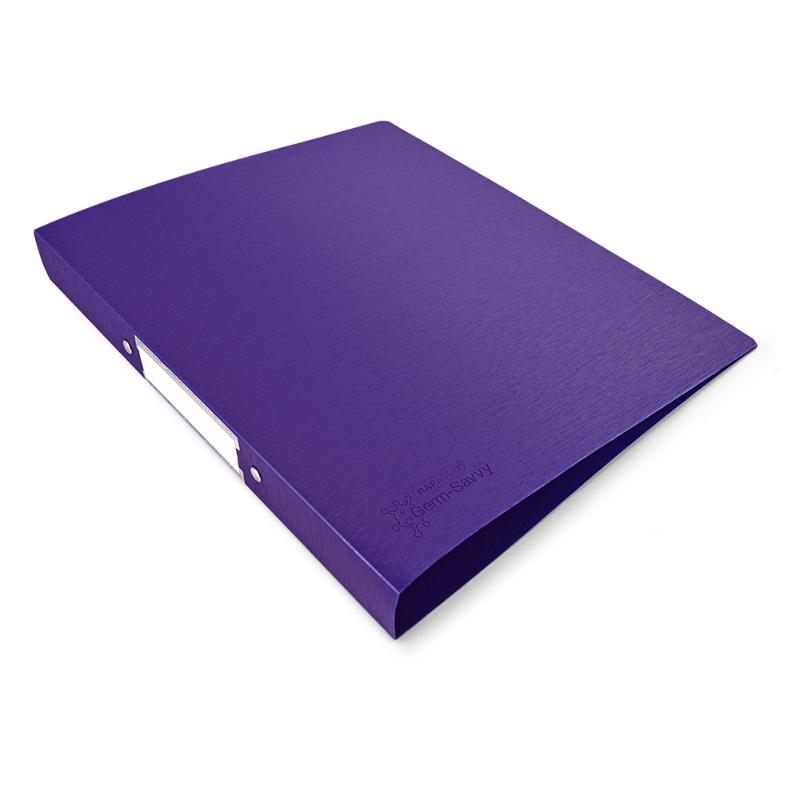 Purple antibacterial A4 PP ring binder with 35mm spine, 25mm capacity, label holder, and textured covers for safe organization.