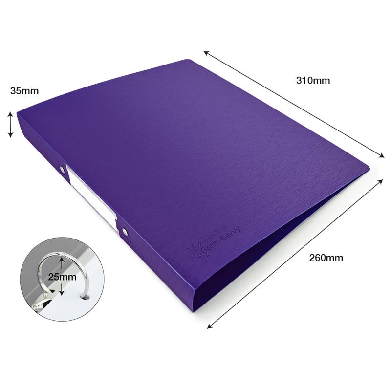 Purple antibacterial A4 ring binder with 35mm spine, 25mm capacity, and removable label holder for organized document storage.