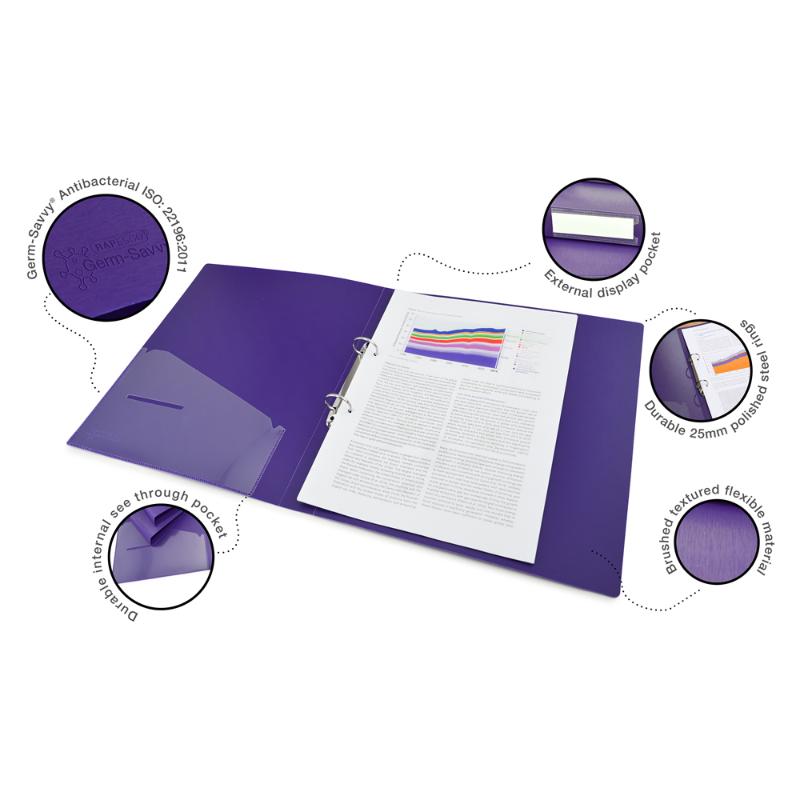 Rapesco Germ-Savvy A4 PP Ring Binder in purple, featuring antibacterial protection, 25mm capacity, and a removable label holder.