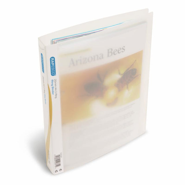 Rapesco A4 clear ring binder with 2 rings, features internal pocket, business card holder, and customizable spine label.