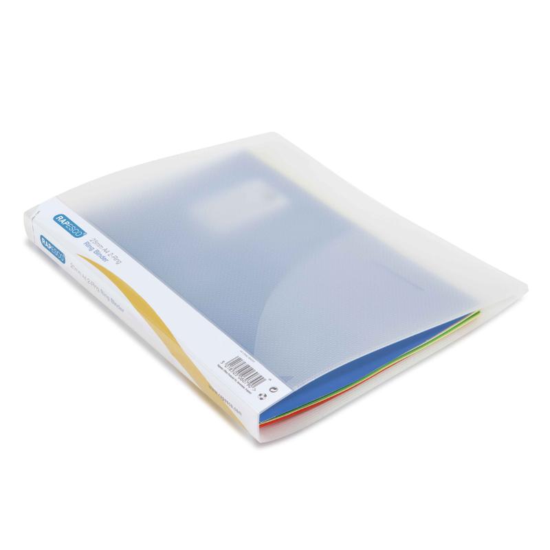 Clear Rapesco A4 ring binder with 25mm capacity, features a customizable spine label and internal pocket for easy organization.