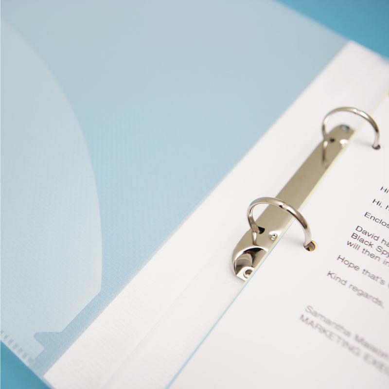 Clear Rapesco A4 2-ring binder with internal pocket, business card holder, and customizable spine label; pack of 10.