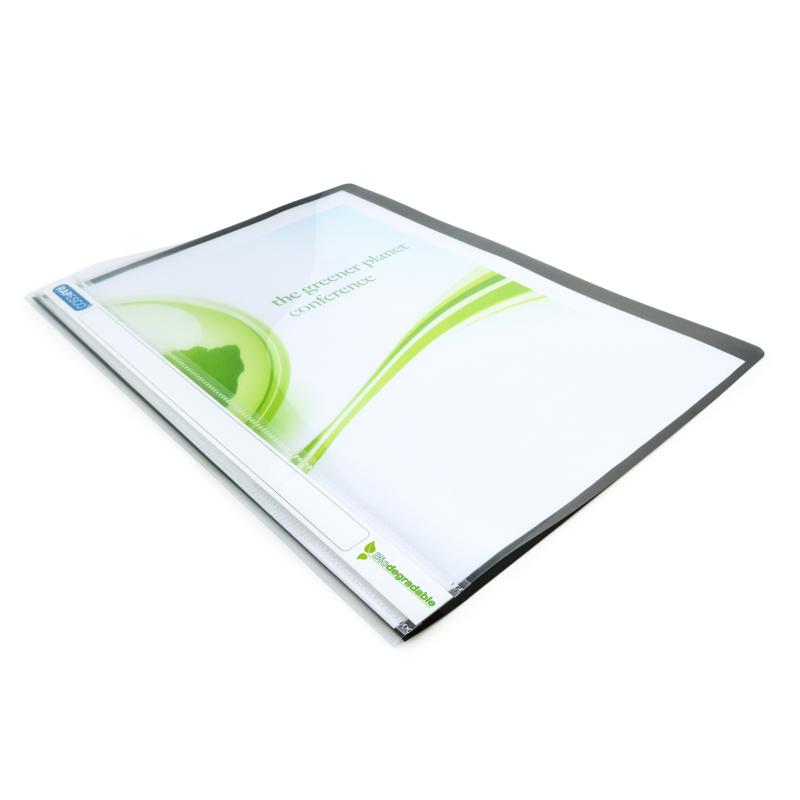 Rapesco ECO A4 black report file with clear front cover, 2-hole fastening, holds up to 30 pages, eco-friendly design.