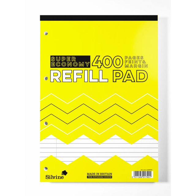 Silvine A4 lined refill pad with margin, 400 pages, perfect for students and professionals seeking quality writing experience.