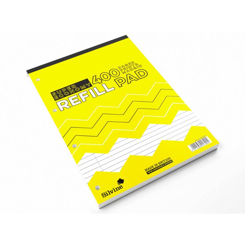 Silvine Super Economy A4 refill pad with lined margins, 400 pages of high-quality paper ideal for all writing needs.