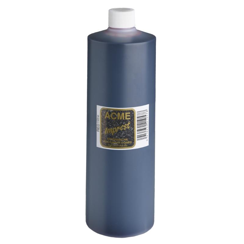 Vibrant 1-litre Acme Imprest Red ink, ideal for clear stamping on paper and cardboard, non-toxic and quick-drying.
