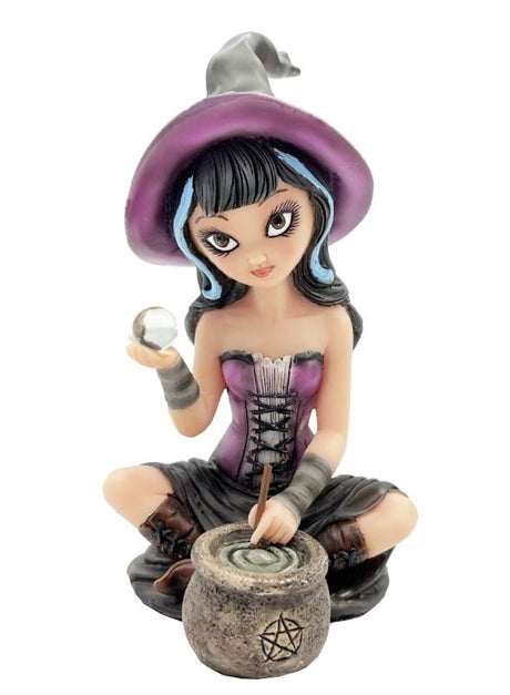 Witch figurine with crystal ball, 15cm tall, crafted from vibrant resin, ideal for magical decor and Halloween collections.