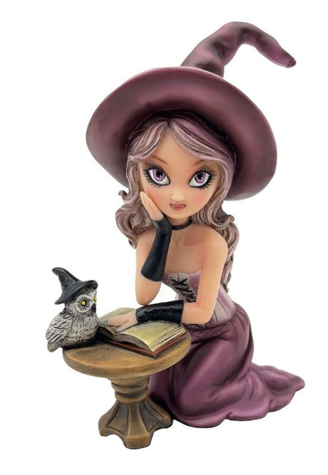 Ornament of a witch reading a spellbook with an owl, crafted in resin, perfect for Halloween decor and fantasy enthusiasts.