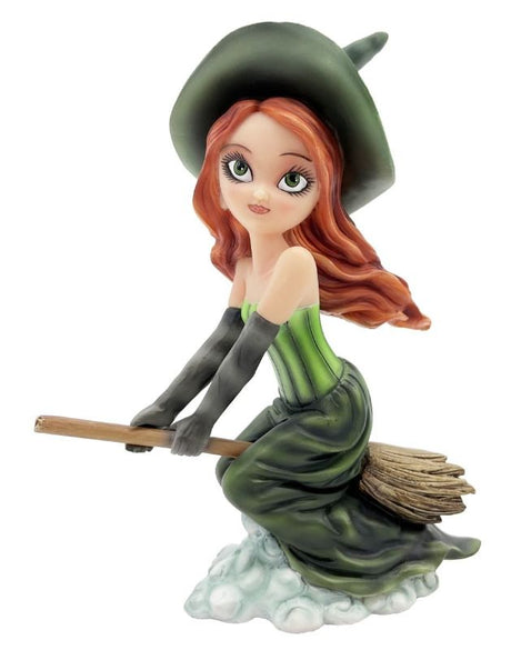 17cm resin ornament of a witch sitting on a broom, ideal for Halloween decor and themed collections.