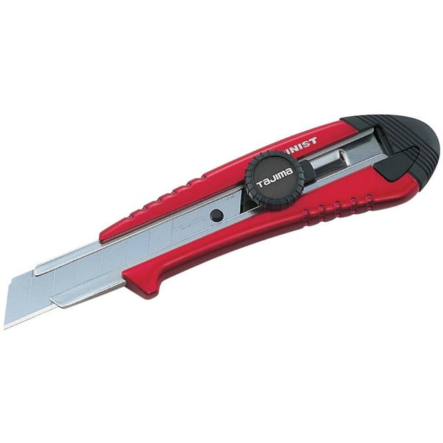 Tajima AC501 red screw-lock cutter with 18mm snap-blade, aluminum case, spare blades, and safety features for precise cutting.