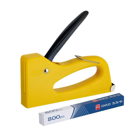 Ergonomic Acme T53 lightweight plastic tacker with built-in staple remover, compatible with Rapid 53 staples (6-8 mm).