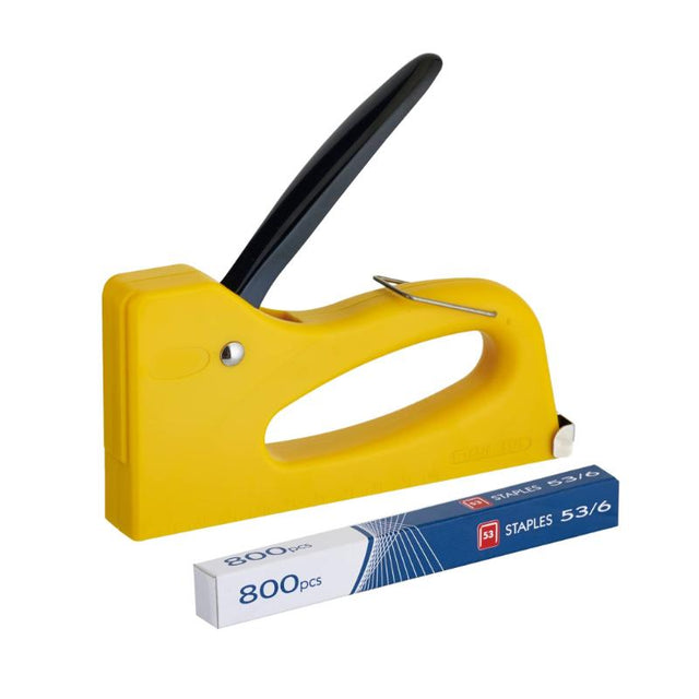 Ergonomic Acme T53 lightweight plastic tacker with built-in staple remover, compatible with Rapid 53 staples (6-8 mm).