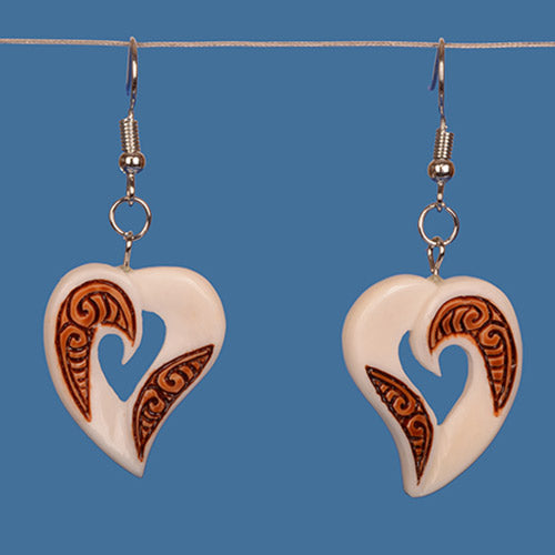 Handcrafted Bone Stained Heart Earrings featuring Maori artistry, with a unique pattern and total drop length of 53mm.