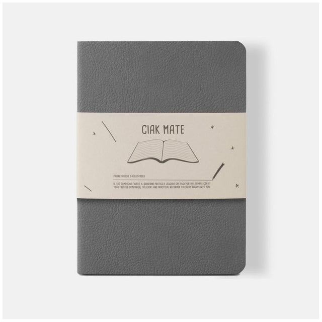 Elegant grey Ciak Mate lined notebook, 12 x 17 cm, featuring 64 cream pages and a soft vegan leather cover.