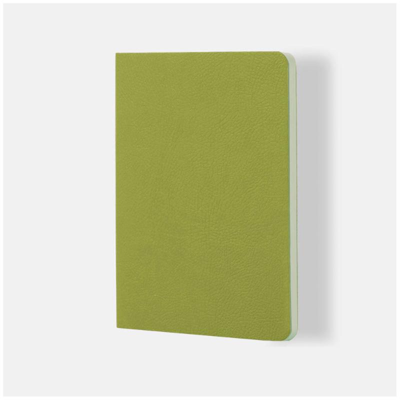 Lime-colored softbound notebook with 64 lined cream pages, crafted from vegan leather for a stylish writing experience.