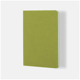 Lime-colored softbound notebook with 64 lined cream pages, crafted from vegan leather for a stylish writing experience.