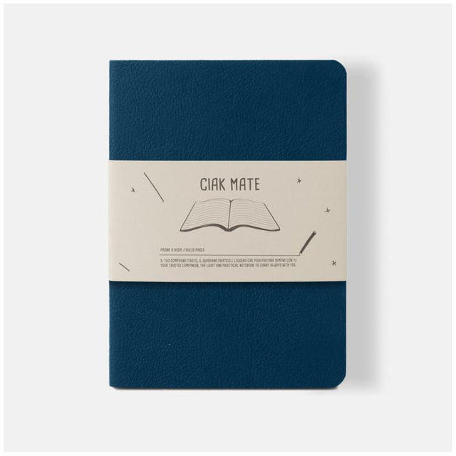 Stylish blue lined notebook with vegan leather cover, perfect for notes, to-do lists, and sketches, measuring 12 x 17 cm.