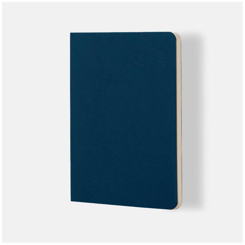 Stylish blue lined notebook with a soft vegan leather cover, perfect for notes and organization, featuring 64 cream-colored pages.