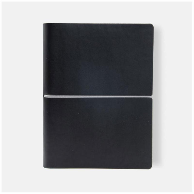 Ciak Classic 12 x 17 cm black lined notebook with eco-friendly paper, vegan cover, and horizontal elastic closure for pens.