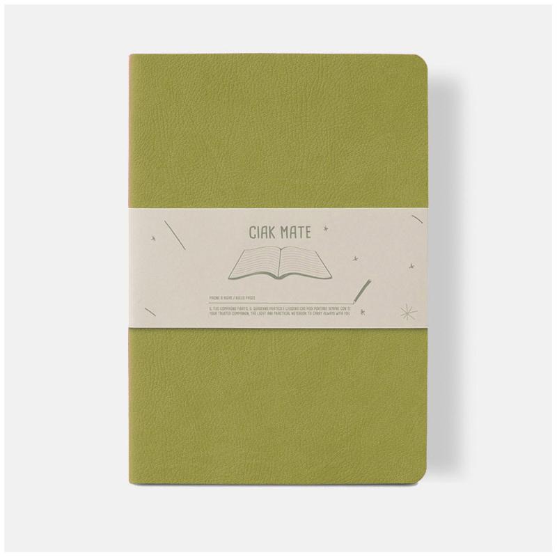 Vibrant lime A5 lined notebook with soft vegan leather cover, 64 cream-colored pages, perfect for notes and journaling.