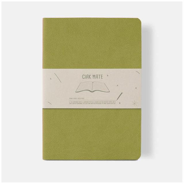 Vibrant lime A5 lined notebook with soft vegan leather cover, 64 cream-colored pages, perfect for notes and journaling.