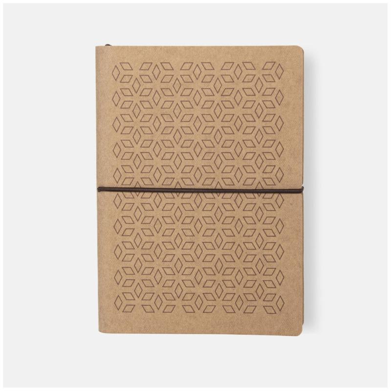 A5 lined notebook with a tan rhombus design, featuring eco-friendly leather cover and smooth 110 gsm acid-free paper.