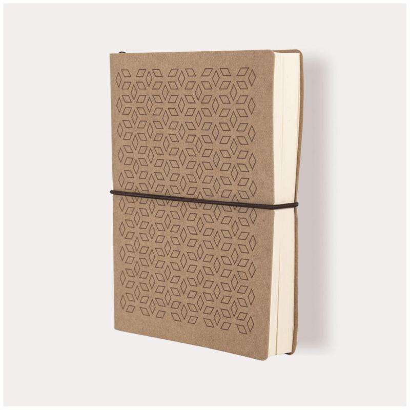 Tan Rhombus A5 lined notebook featuring eco-friendly leather cover and 110 gsm acid-free pages for smooth writing.