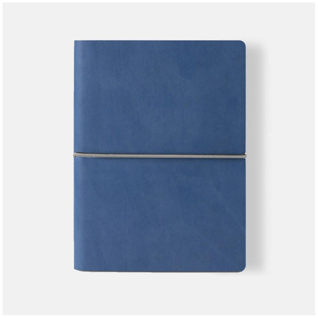 A5 blue lined notebook with vegan faux leather cover, elastic closure, and recycled paper, handmade in Italy.