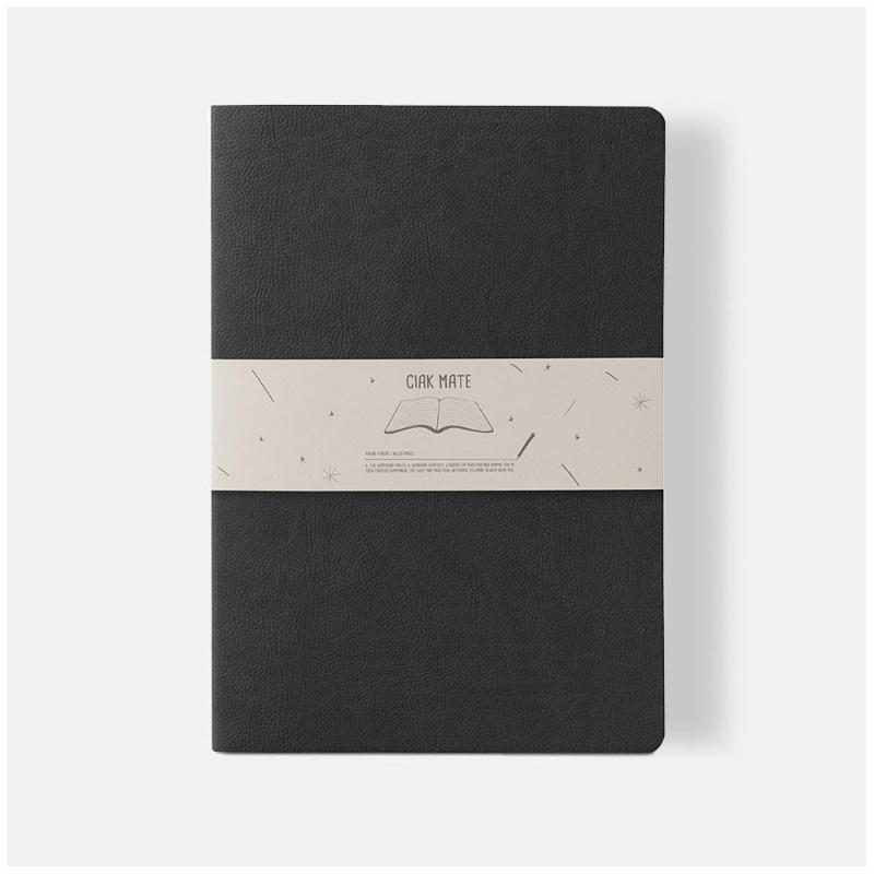 Elegant black A4 lined notebook with vegan leather cover, 64 pages of cream-coloured 85 gsm paper, made in Italy.