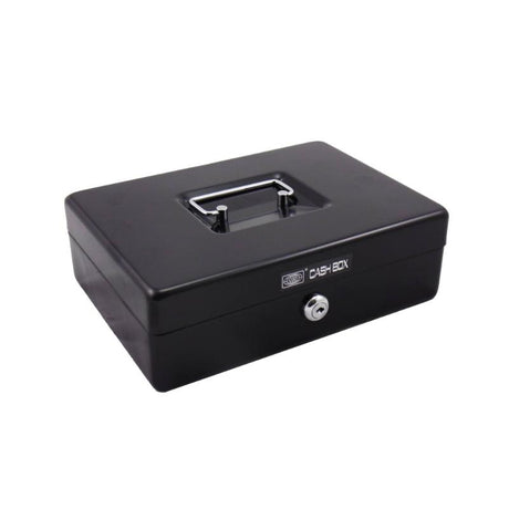 Compact 10-inch black cash box with secure storage, removable tray, and recessed handle for easy organization.