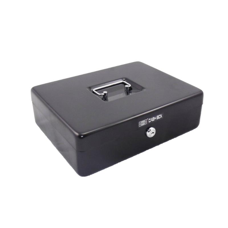 SR Cash Box 12 inch Black: durable metal box with removable tray, lockable security, and compact design for cash and valuables.