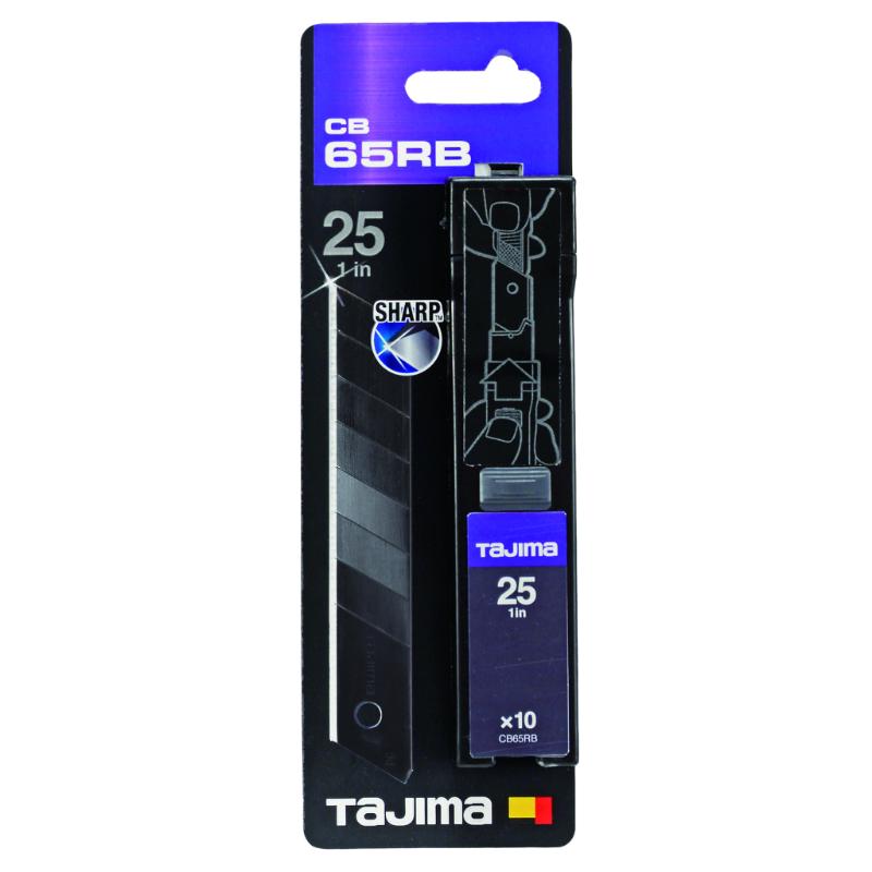 Tajima Blades CB65RB RAZAR BLACK: 25mm heavy-duty snap-off blades, razor-sharp edges, 6 segments, versatile for precise cutting.