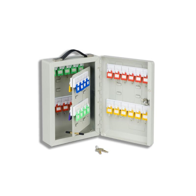 Robust metal key box for 40 keys with lock, tags, carry handle, and wall mount option for secure organization.