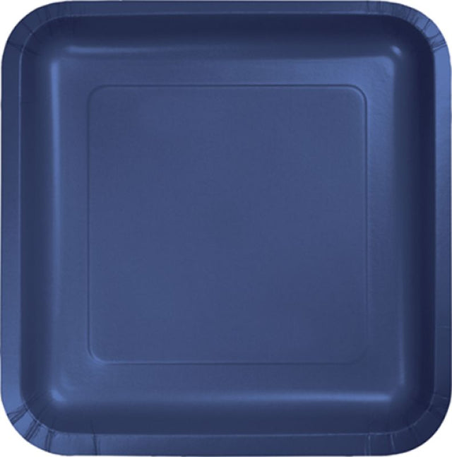 Navy blue square disposable lunch plates, 18cm, sturdy and stylish for any occasion, pack of 18 for easy cleanup.