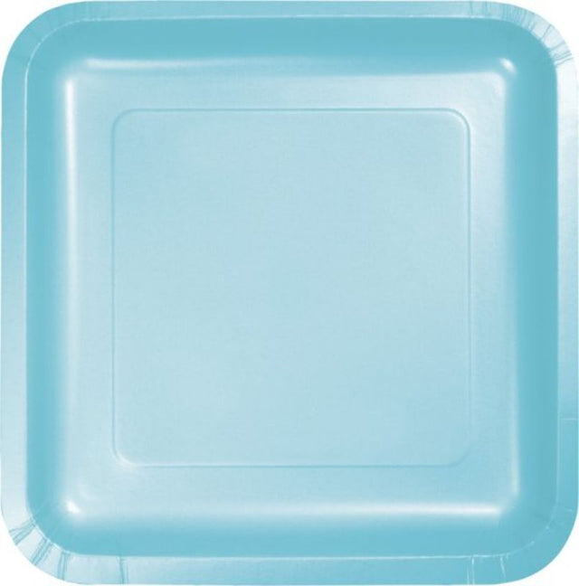 Pastel blue square lunch plates, 18cm, pack of 18, perfect for stylish serving at casual and elegant gatherings.