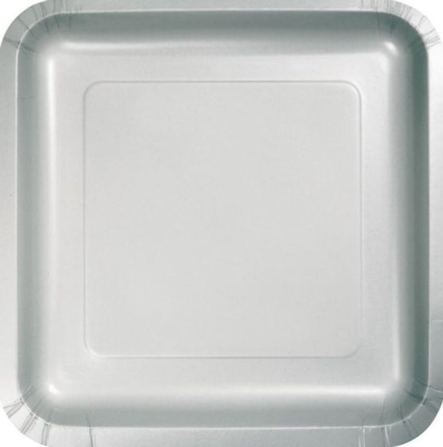 Elegant shimmering silver square dinner plates, 23cm, pack of 18, perfect for stylish events and easy cleanup.