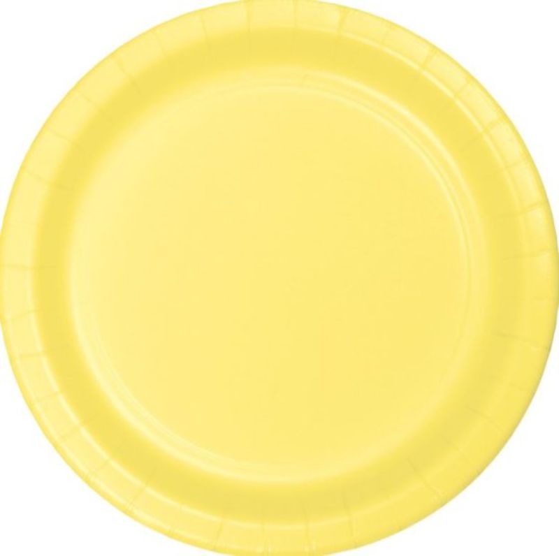 Bright 23cm Mimosa Yellow paper dinner plates, pack of 24, perfect for stylish gatherings and easy clean-up.