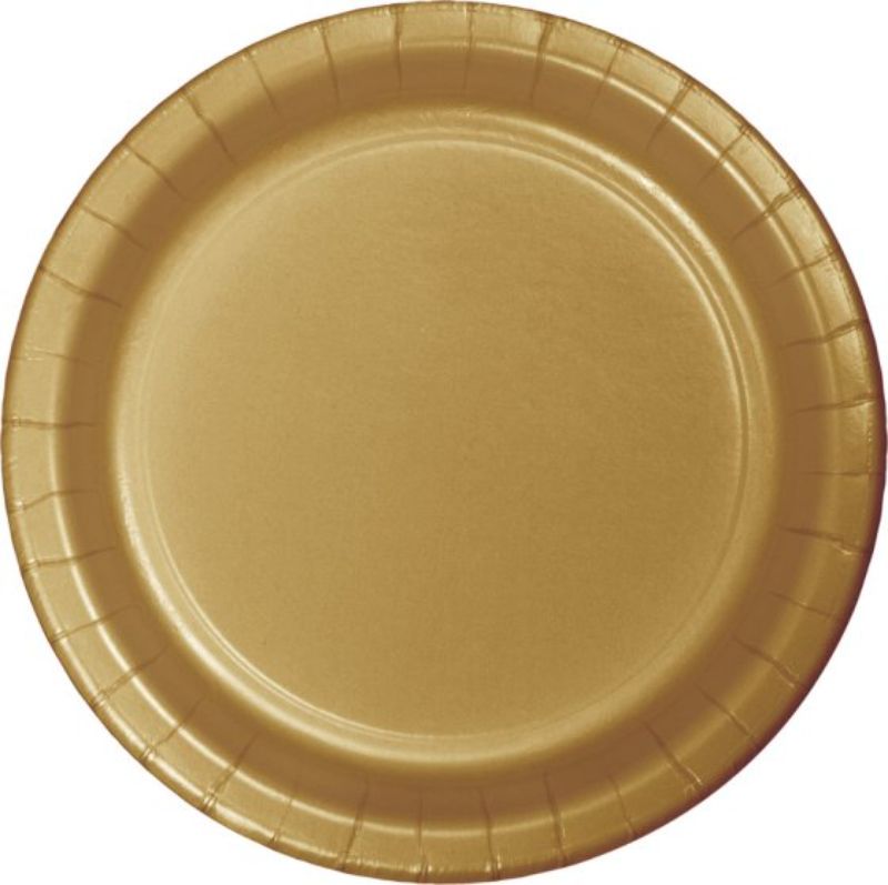 Elegant gold paper dinner plates, 23cm, pack of 24, perfect for upscale events and easy cleanup.