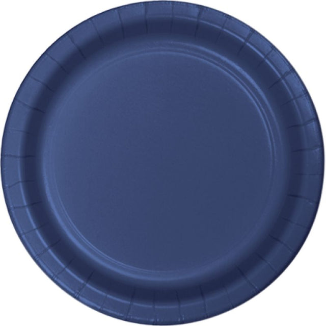 Navy blue paper dinner plates, 23cm, pack of 24, perfect for stylish and convenient dining at any occasion.