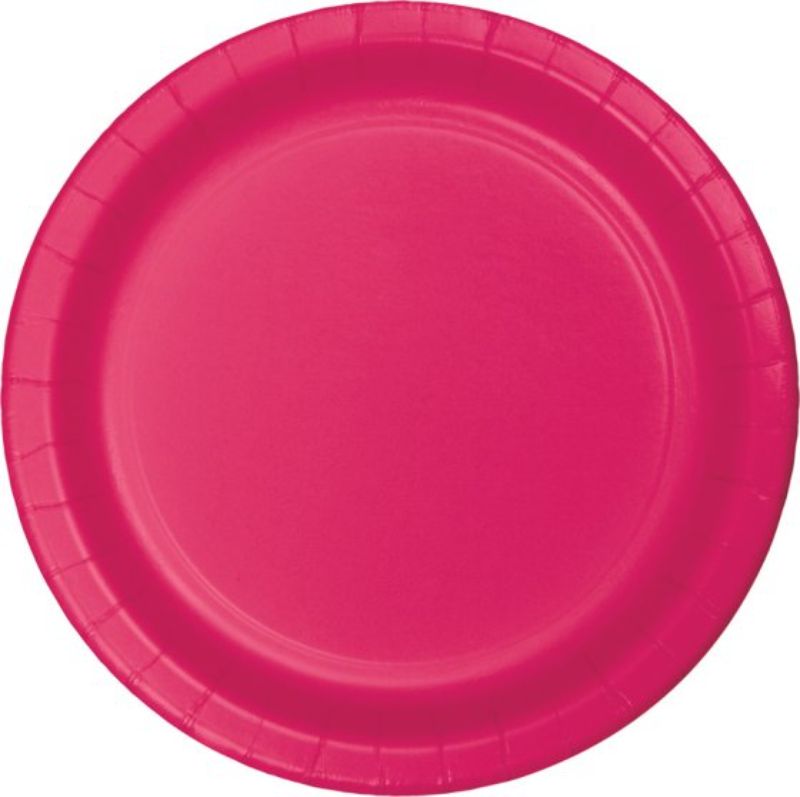 Vibrant hot magenta disposable paper dinner plates, 23cm, perfect for parties and gatherings, pack of 24.