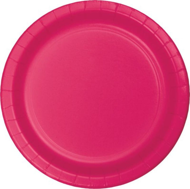 Vibrant hot magenta disposable paper dinner plates, 23cm, perfect for parties and gatherings, pack of 24.