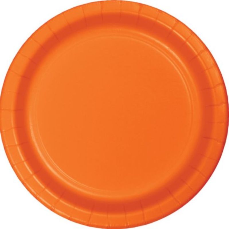 Vibrant Sunkissed Orange paper dinner plates, 23cm, pack of 24, perfect for parties and outdoor gatherings.