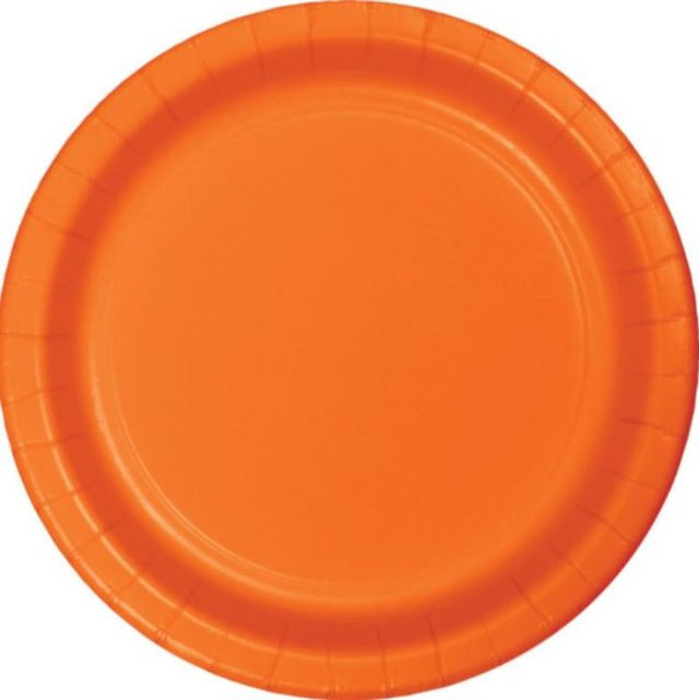 Vibrant Sunkissed Orange paper dinner plates, 23cm, pack of 24, perfect for parties and outdoor gatherings.