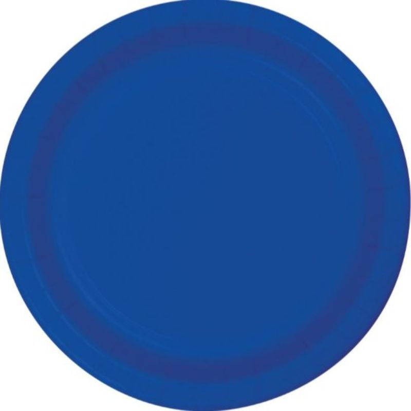 Cobalt blue disposable paper dinner plates, 23cm diameter, pack of 24, perfect for stylish and convenient entertaining.