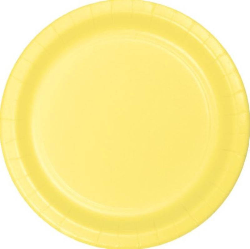 Mimosa yellow 18cm paper lunch plates, pack of 24, perfect for vibrant meals at parties and gatherings.