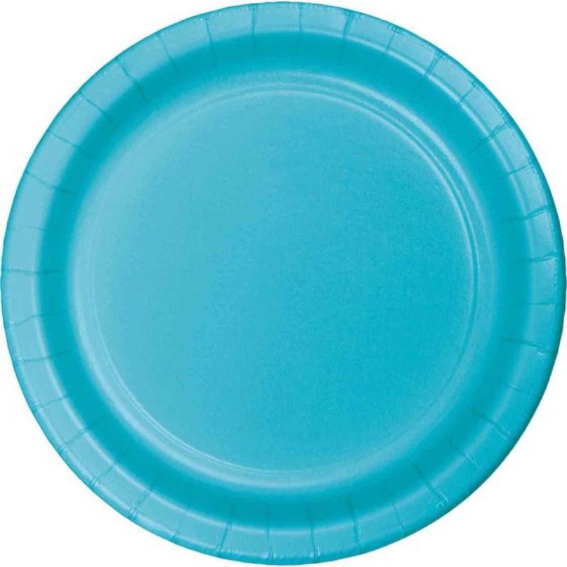 Vibrant Bermuda blue disposable paper lunch plates, 18cm, pack of 24, perfect for casual dining or festive gatherings.