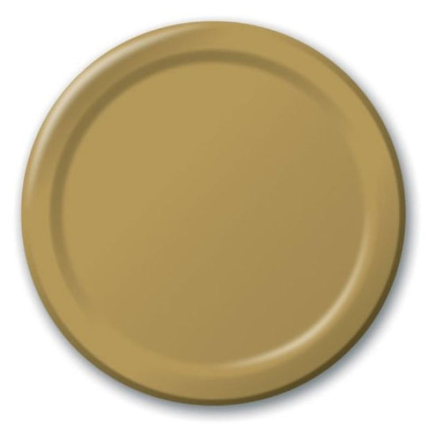 Glittering gold paper lunch plates, 18cm, pack of 24, perfect for elegant dining at events and easy clean-up.