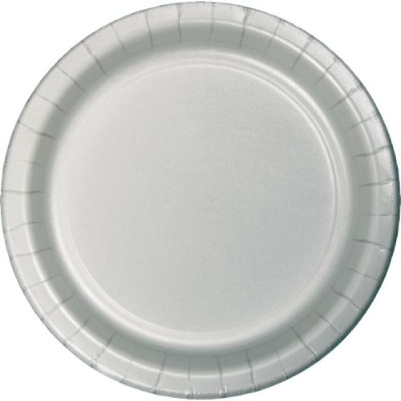 Elegant shimmering silver paper lunch plates, 18cm, pack of 24, perfect for parties and easy cleanup.