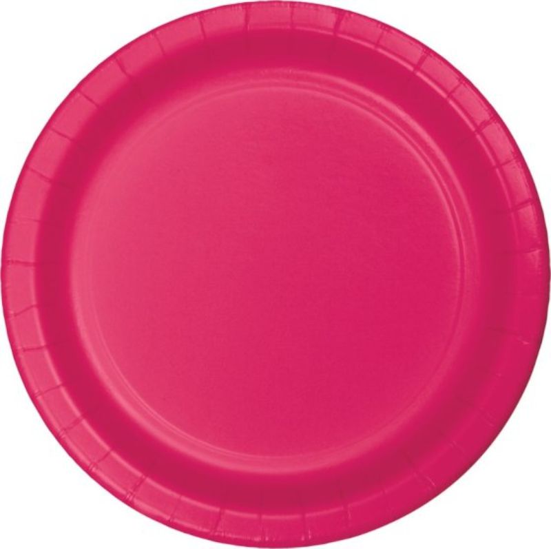 Hot magenta disposable paper lunch plates, 18cm, pack of 24, perfect for vibrant dining at any gathering.